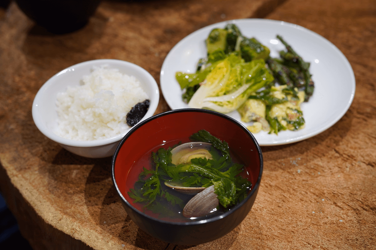 White rice, salad, chive and egg, soup bowl