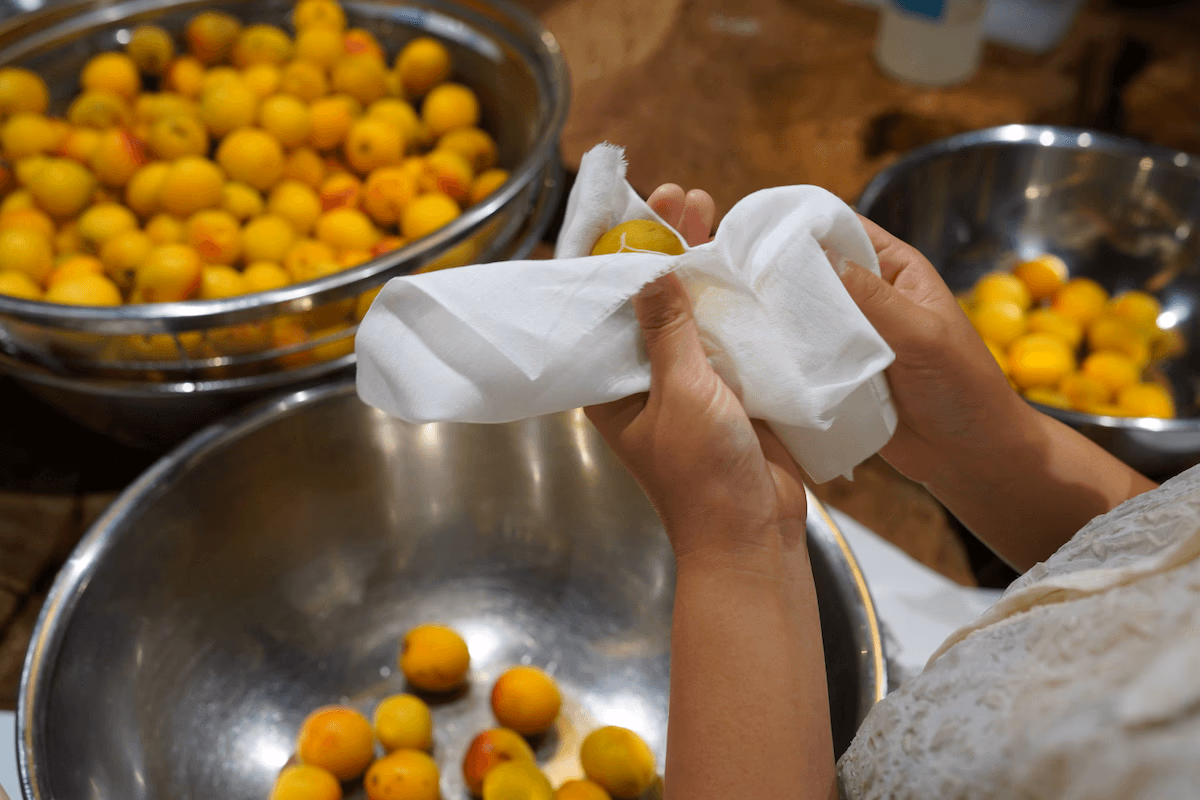 Place the plums in a bowl and wash them with water.
