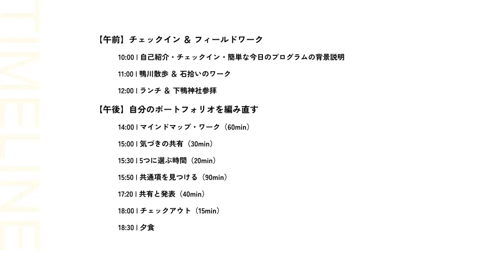 Document outlining the overall flow of the workshop